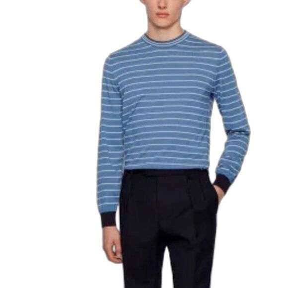 Boss Hugo Boss Blue Stripe 100% Cotton Lightweight Crewneck LS Sweater Size XL - Picture 1 of 12